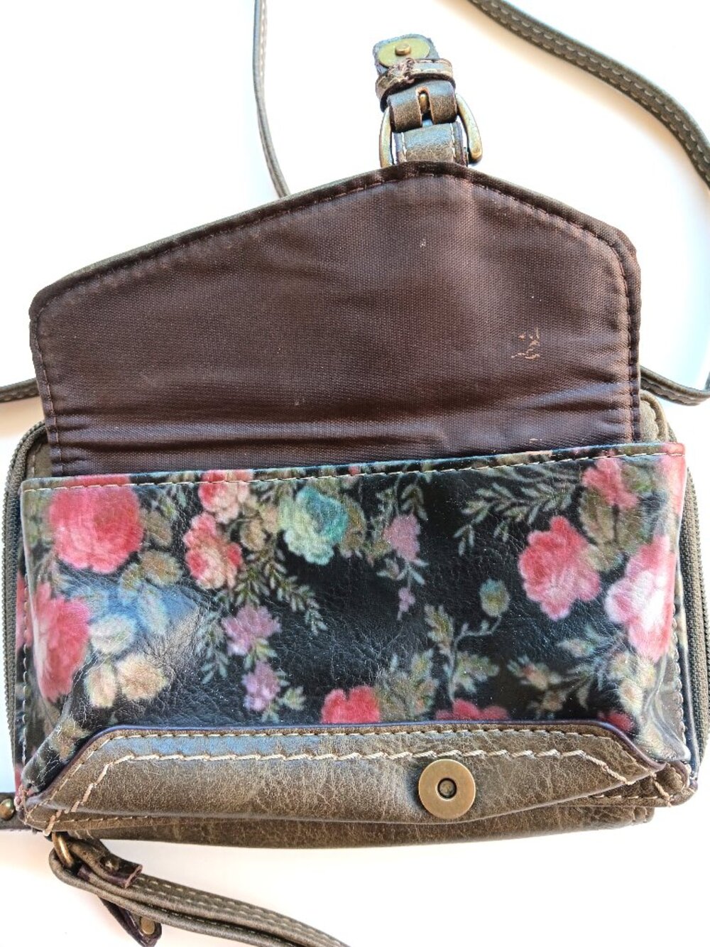 b.o.c. (Born Concept) Faux Leather Olive Floral Print Crossbody Bag Front Pocket
